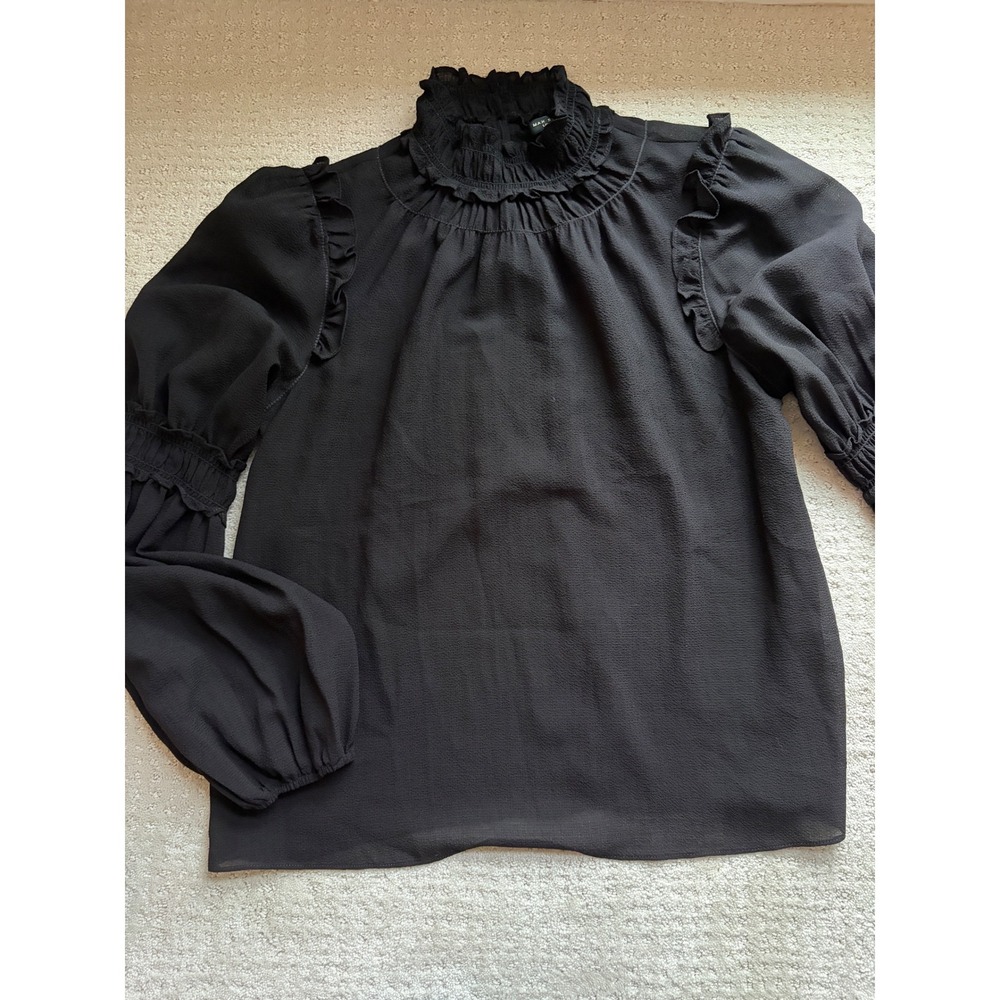 Max Studio London Blouse Sheer Medium Black Ruffle Smocked Mock Neck Long Sleeve